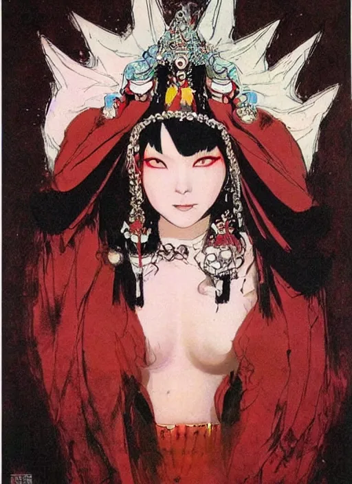 Image similar to female korean vampiress, jeweled headdress, heavy mascara, strong line, saturated color, beautiful! coherent! by frank frazetta, high contrast, minimalism