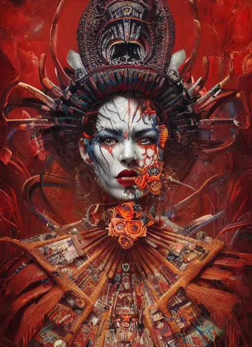 Image similar to queen of hearts, aztec god, highly detailed, cinematic, 8 k, by megan duncanson, benjamin lacombe, adrian borda, stanley artgermm, tom bagshaw, craig mullins, carne griffiths, ayami kojima, beksinski, giger, trending on deviantart, hyper detailed, horror, full of colour