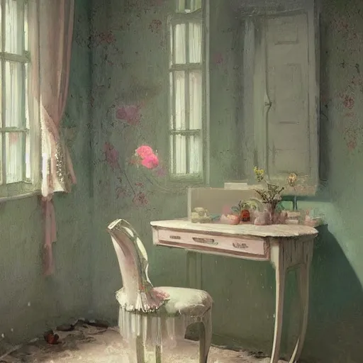 Image similar to beautiful digital matte painting of a whimsical botanical shabby chic dressing room by greg rutkowski and edward hopper, artstation, behance hd - h 7 6 8