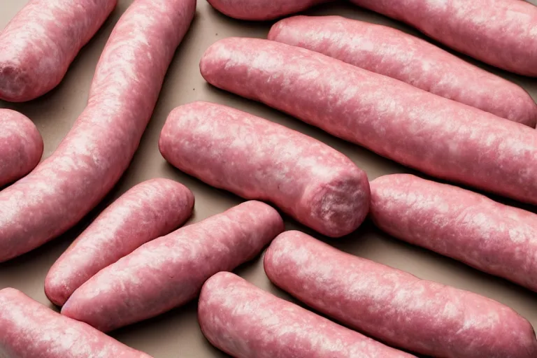 Prompt: cream filled and pink frosted uncooked sausages, studio lighting, photorealistic