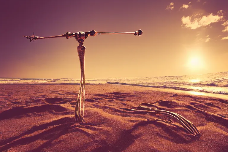 Prompt: a photograph of a skeletal arm on a sandy beach holding a compass. golden hour, dslr, cinematic lighting.