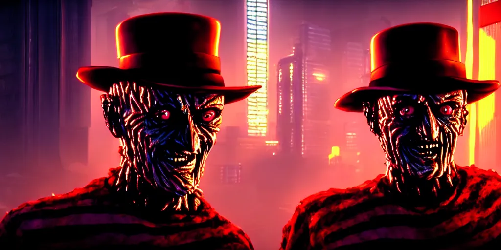 Image similar to a portrait of freddy krueger in a cyberpunk city, pixar, dramatic lighting