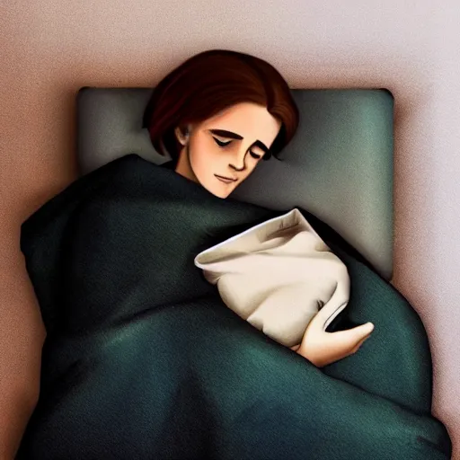 Image similar to tucking a cold emma watson into bed, wholesome, in the style of bob ross painting