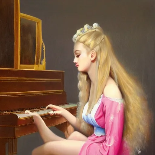 Prompt: highly detailed painting of beautiful russian girl with long blond hair playing a pink keyboard with a cup of tea, realistic,