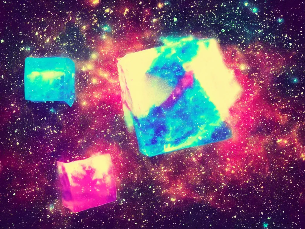 Prompt: a tridimensional colourful giant ice cube floating in the universe, galaxies and stars at the background, polaroid photo style, retro effect, high details, one ice cube in the foreground