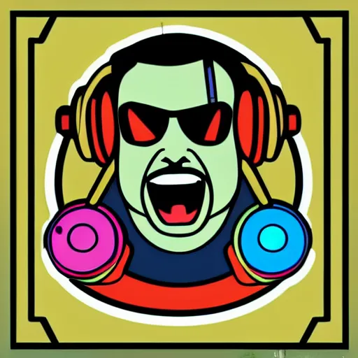 Image similar to svg vector sticker of absolutely insane-mad-scientist-villain, rocking out, wearing headphones, huge speakers, dancing, rave, DJ, spinning records, digital art, amazing composition, rule-of-thirds, award-winning, trending on artstation, featured on deviantart