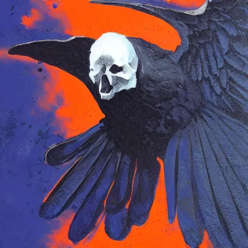 Prompt: indigo raven in flight with one skull in the background with a splash of deep orange greg rutkowski