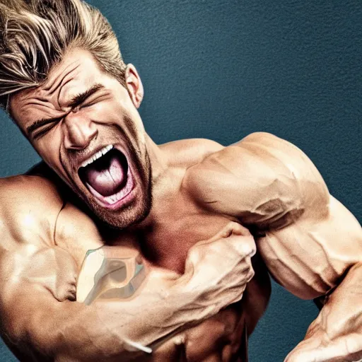 Prompt: A blond, muscular man screaming enters an appointment in his calendar