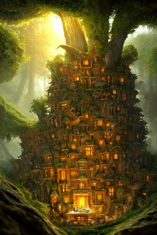 Image similar to a miniature city built into the trunk of a single colossal tree in the forest, with tiny people, in the style of craig mullins, lit windows, close - up, low angle, wide angle, awe - inspiring, highly detailed digital art