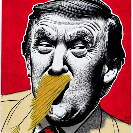 Image similar to close - up portrait of donald trump eating paper, by robert crumb