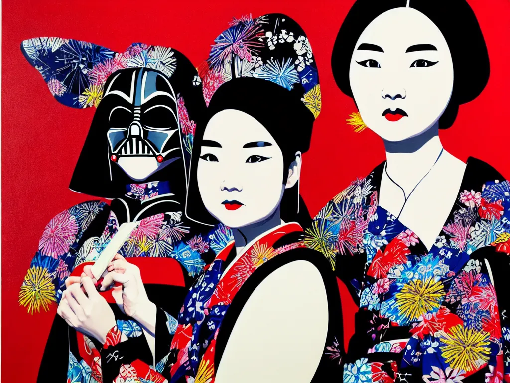 Image similar to hyperrealistic composition of the detailed woman in a japanese kimono sitting at a extremely detailed black jack table with hyperdetailed darth vader, fireworks, mountain fuji on the background, pop - art style, jacky tsai style, andy warhol style, acrylic on canvas