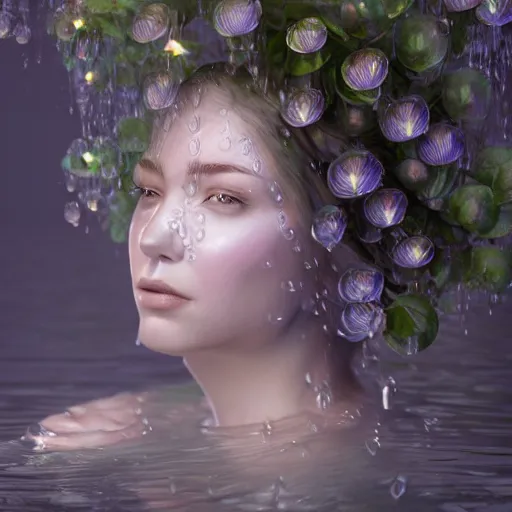 Image similar to ultra realistic 3 d render of a goddess made of water and flowers rising out of the water dripping by charlie bowater and farid ghanbari, beautiful, bioluminescent, ethereal, mist, waterfall