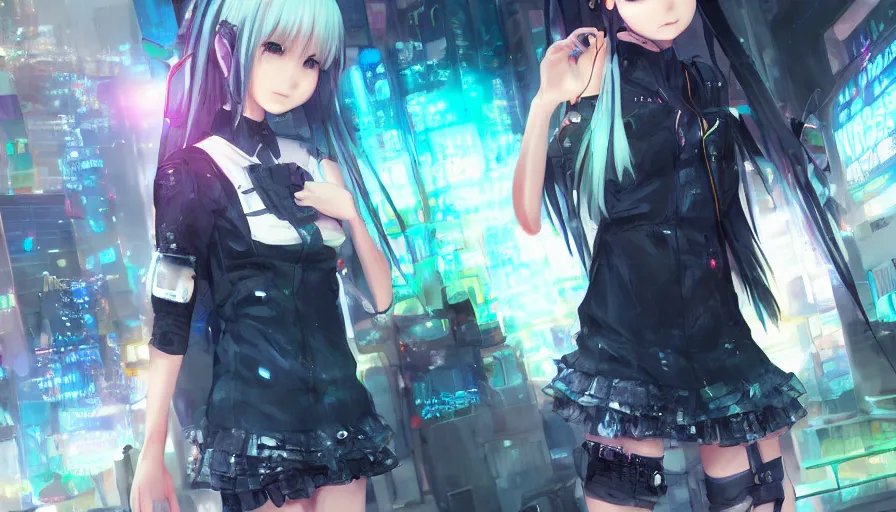 Image similar to cute anime girl in a cyberpunk city by wlop, short minidress, light clothing, light rain, hyper real, detailed digital art, hatsune miku