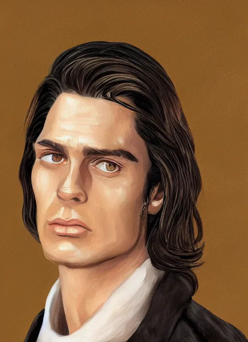 Image similar to Tarzan with long dark brown slicked back hair shoulder length slicked back hair, with pearl necklace and pearl earing, in the museum, in white turtleneck shirt, Tarzan, painting in the museum, highly detailed, sharp focus, digital painting