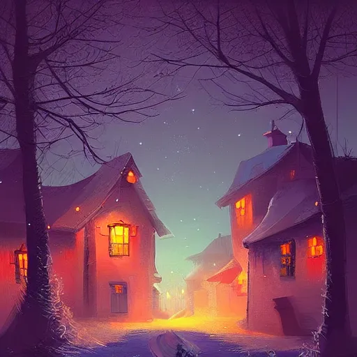 Image similar to A quaint, magical village at night, digital painting by Alena Aenami, trending on artstation