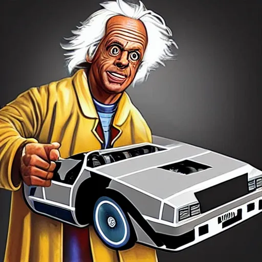 Image similar to doc brown working construction, building a delorean, back to the future - w 7 6 8