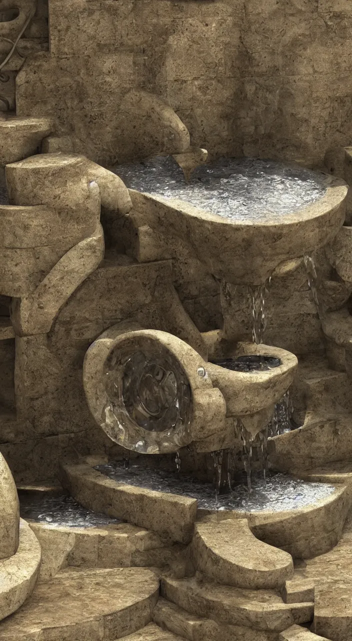 Prompt: a stream of water entering into a machine made from amphoras and producing a large coin, in the style of a fountain, fururiatic, 3 d render, isometric, engineering, dynamic lighting, clay texture, 8 k