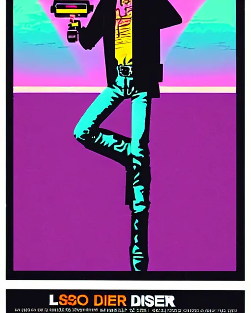 Image similar to laser disk cowboy, 1 9 8 0's magazine ad, vapor wave aesthetic