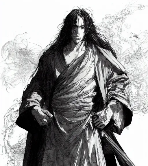 Prompt: portrait of anime man with long hair wearing a dark robe, pen and ink, intricate line drawings, by craig mullins, ruan jia, kentaro miura, greg rutkowski, loundraw