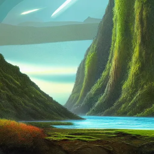 Image similar to beautiful digital artwork of a lush natural scene on an alien planet by arthur haas. artistic science fiction. interesting color scheme. beautiful landscape. weird vegetation. cliffs and water.