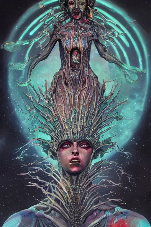 Prompt: beautiful painting of the zombie queen in Space covered in sigils and with an arcane halo by wayne barlowe trending on artstation detailed painting Unreal Engine