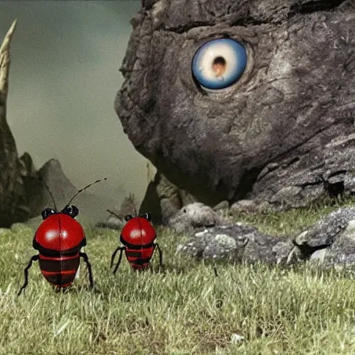 Image similar to promotional movie still, ladybugs, ladybug quadruped with big piercing eyes, ladybug hobbits, ladybug robots, space western, the fellowship of the ring ( film )