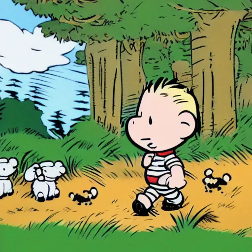 Image similar to a wide angle illustration of a very cute baby with large cheeks, blue eyes and short blonde hair. he is holding a stuffed toy llama and walking in the forest. illustrated in the style of bill watterson in the comicbook calvin and hobbes