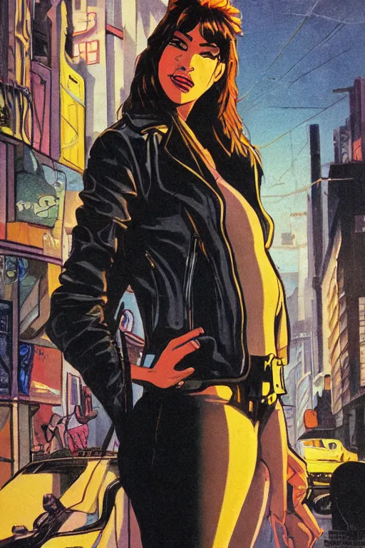 Image similar to portrait of an attractive young female protagonist, center focus, wearing leather jacket, in city street, detailed face, artwork by ralph bakshi