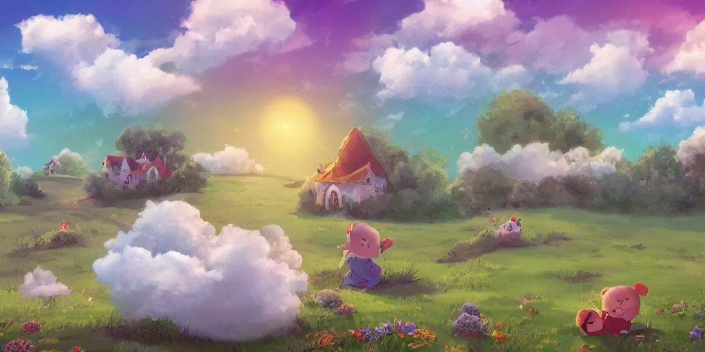 Prompt: peaceful puffy clouds, storybook illustration, 4 k