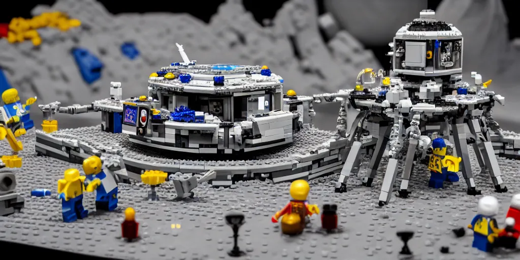 Image similar to wide shot lens photo of a very intricately detailed lego moonbase kit diorama designed by a master builder, with an epically shaped alien lego mothership ufo, lego rover, a moon buggy