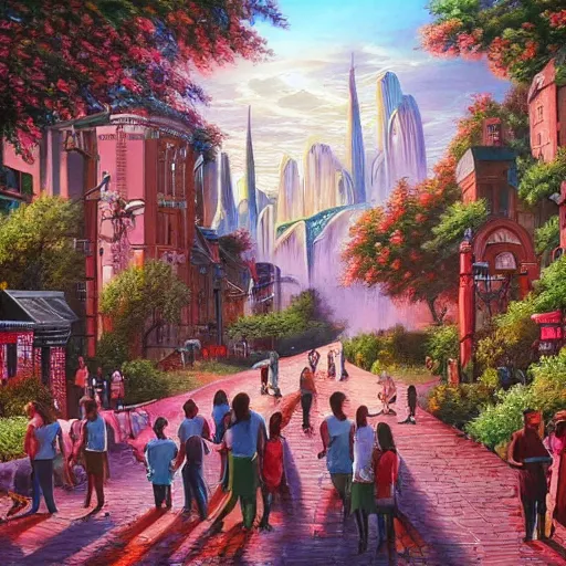 Image similar to people enjoying a beautiful city of the future in harmony with nature. Beautiful detailed painting by Lurid. (2022)