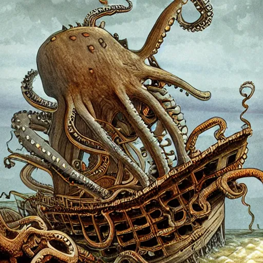 Prompt: a highly detailed illustration of a giant octopus eating a sinking pirate ship by H.R. Geiger - n 5