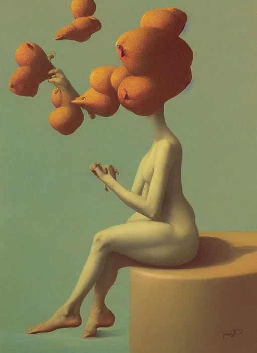 Prompt: The Duck She Eats of the Strangling Fruit and Her polyp blossoms bring iridescent fungal flowers whose spores black the foolish stars Edward Hopper and James Gilleard, Zdzislaw Beksinski, Mark Ryden, Wolfgang Lettl highly detailed