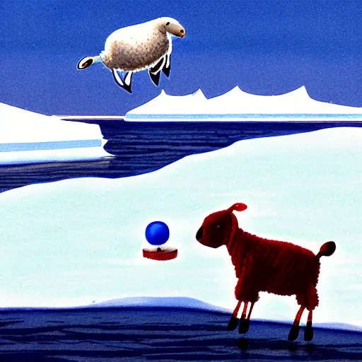 Image similar to cartoon drawing of a seal tossing a red ball with a white lamb in antarctica. the seal's head is sticking out above the water and the sheep is standing near the edge of ice