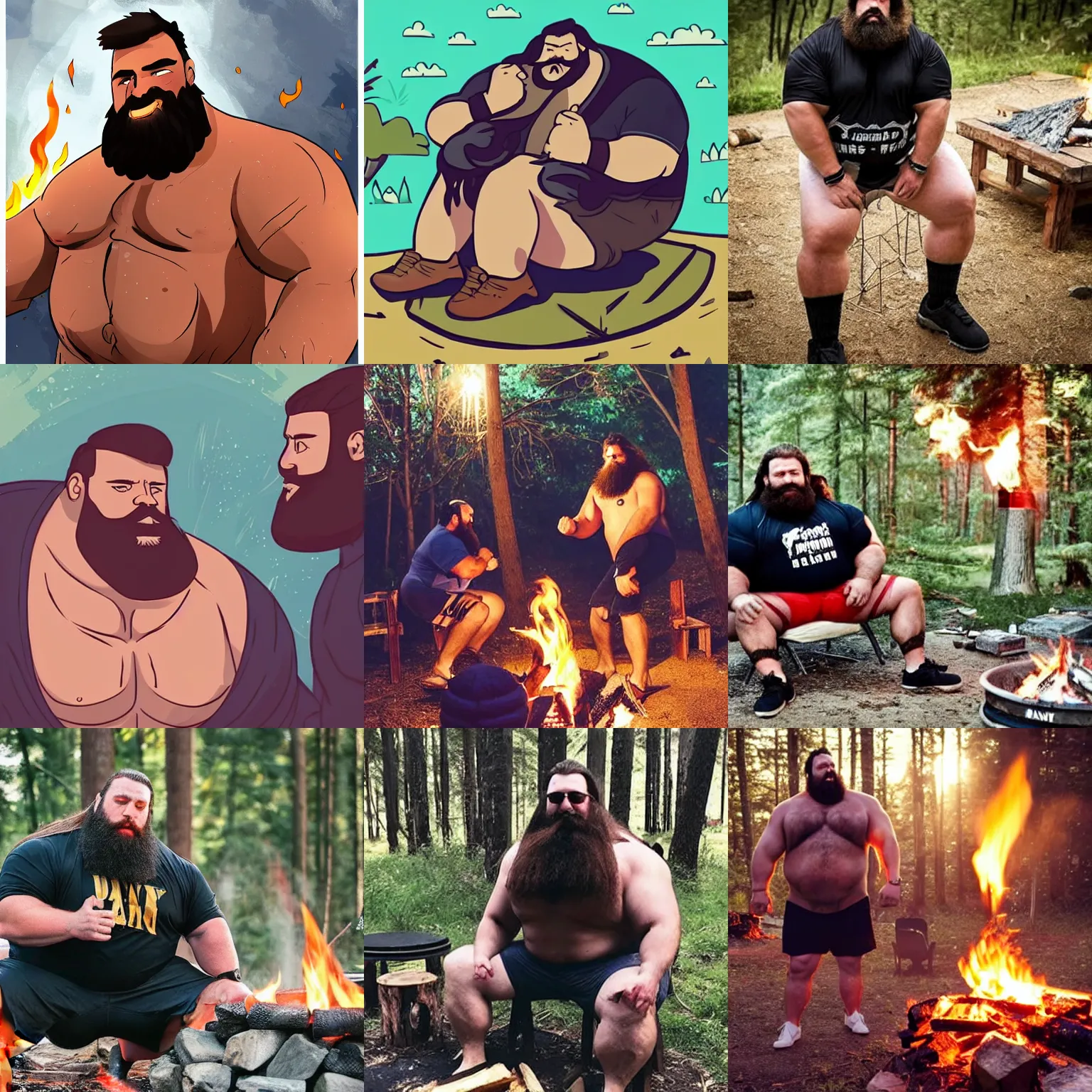 Prompt: big thick strongmen with thick long hair and thick beards and thick boodyhair in shorts kissing around a campfire, dad energy