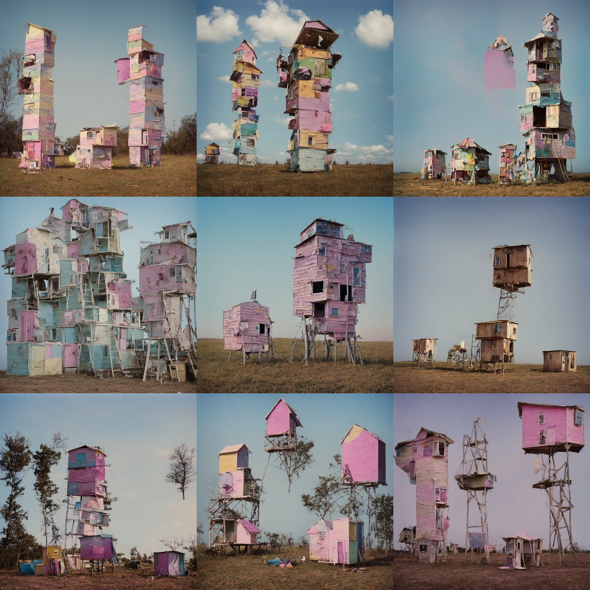 Prompt: a tower made up of makeshift squatter shacks with pastel colours, mamiya, 8 5 mm, f 1. 7, fully frontal view, uniform plain sky, light leaks, fine details, digital glitches, photographed by julie blackmon