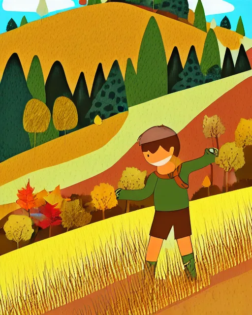 Image similar to autumn hillside boy hiking illustration detailed, matte print