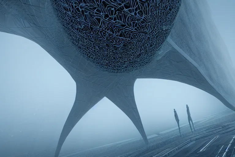 Image similar to a spaceship moving through a foggy complex organic fractal 3 d ceramic megastructure, cinematic shot, photo still from movie by denis villeneuve