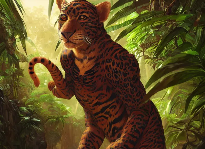 Image similar to character portrait feature of the anthro male anthropomorphic jungle cat jaguar fursona animal person wearing shaman tribal outfit robes belt standing in the amazon rainforest two legs, character design stylized by charlie bowater, ross tran, artgerm, makoto shinkai, detailed, soft lighting, rendered in octane