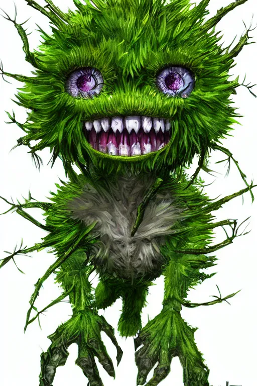 Image similar to a humanoid figure dandelion moss plant monster, large eyes and menacing smile, highly detailed, digital art, sharp focus, trending on art station, anime art style