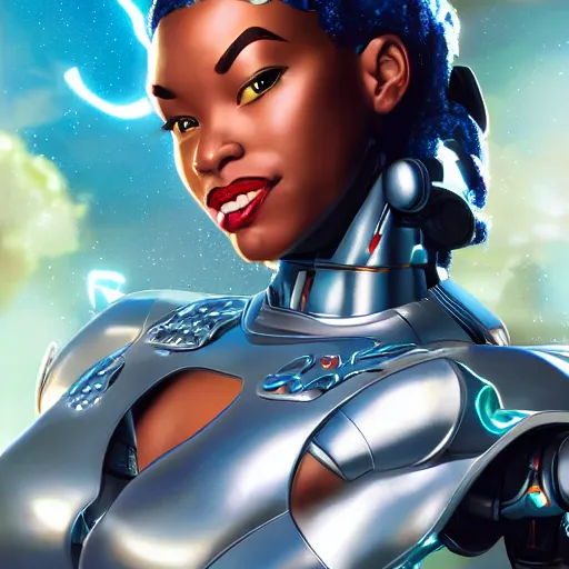 Image similar to high detailed close up of, energetic female cyborg Disney princess Tiana, wearing futuristic cybernetic battle armor, balance composition, dramatic lighting, 8k, painted by Alex Ross