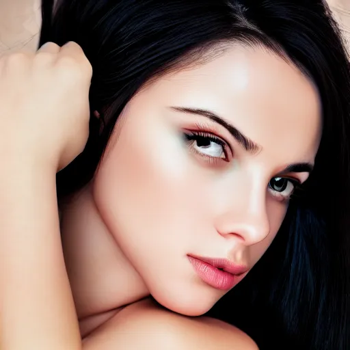 Prompt: photorealistic portrait of beautiful girl, black hair, smooth face, perfect eyes, half body shot, elegant, realistic, glowing skin, detailed, symmetric, face, angelic beauty, sharp focus, famous model, professional photography