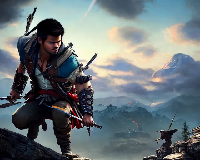 Prompt: highly detailed portrait of taylor lautner as an assassin, in assassin's creed 3, stephen bliss, unreal engine, fantasy art by greg rutkowski, loish, rhads, ferdinand knab, makoto shinkai and lois van baarle, ilya kuvshinov, rossdraws, tom bagshaw, global illumination, radiant light, detailed and intricate environment