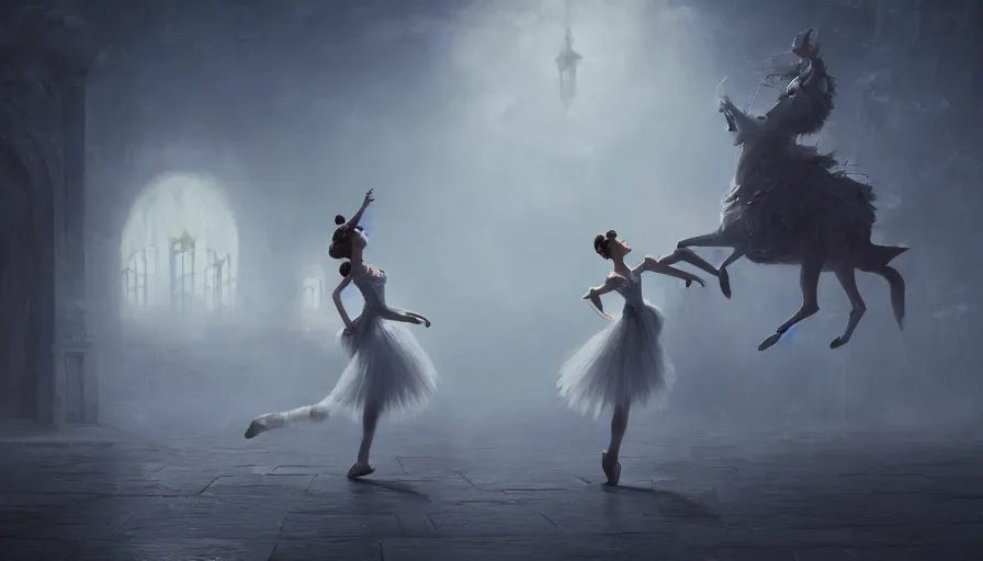 Image similar to the nutcracker and the ballerina, detailed oil painting, cinematic shot, hyperrealistic, breathtaking, volumetric lighting, cinematic lighting, dynamic, Studio Ghibli, digital art, octane render, epic composition, trending on artstation, masterpiece, dark souls vibe, dark atmosphere