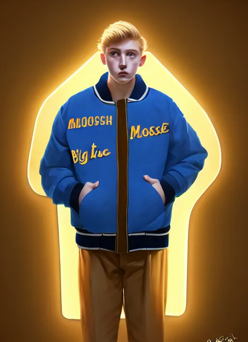 Image similar to portrait of high school senior boy named big moose, blonde short hair, jock, beefy, wide face, square jaw, square facial structure, blue varsity jacket with letter r, intricate, elegant, glowing lights, highly detailed, digital painting, artstation, concept art, sharp focus, illustration, art by wlop, mars ravelo and greg rutkowski