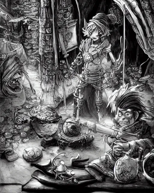 Image similar to A goblin merchant selling treasuries and potions, high detailed store, black and white, fantasy art, goblin art, in the style of masami kurumada, illustration, epic, fantasy, intricate, hyper detailed, artstation, concept art, smooth, sharp focus, ray tracing