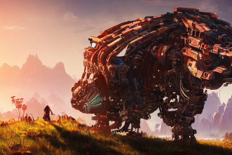 Image similar to bristleback machine mecanical creature robot of horizon forbidden west horizon zero dawn radiating a glowing aura global illumination ray tracing hdr fanart arstation by ian pesty and alena aenami artworks in 4 k