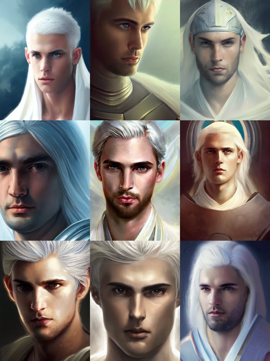 Prompt: closeup portrait of a young beautiful calm and pious male aasimar paladin halo above head with medium length white hair wearing white vestments under armor, pensive and hopeful expression, illustration, painterly, Greg Rutkowski, intricate, masterpiece, clean shaven, fantasy, 8k