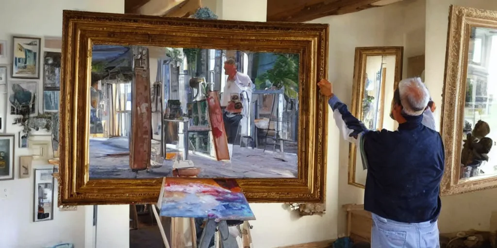 Prompt: droste effect!!! a man paints a frame that displays the same photo in it, droste effect