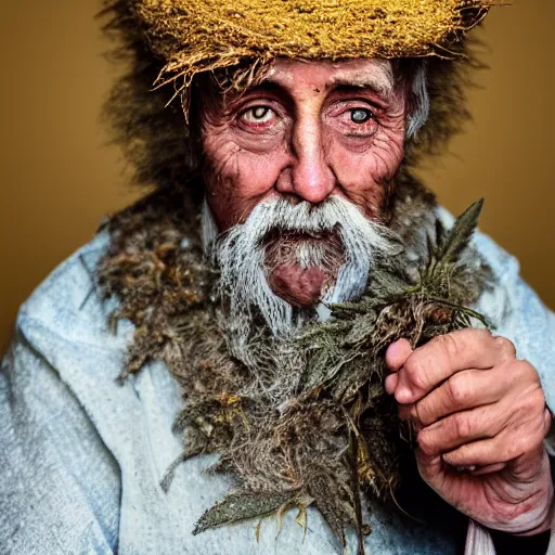 Image similar to an 8k digital photograph of an old man in a kings costume standing with a hemp bud in his hands